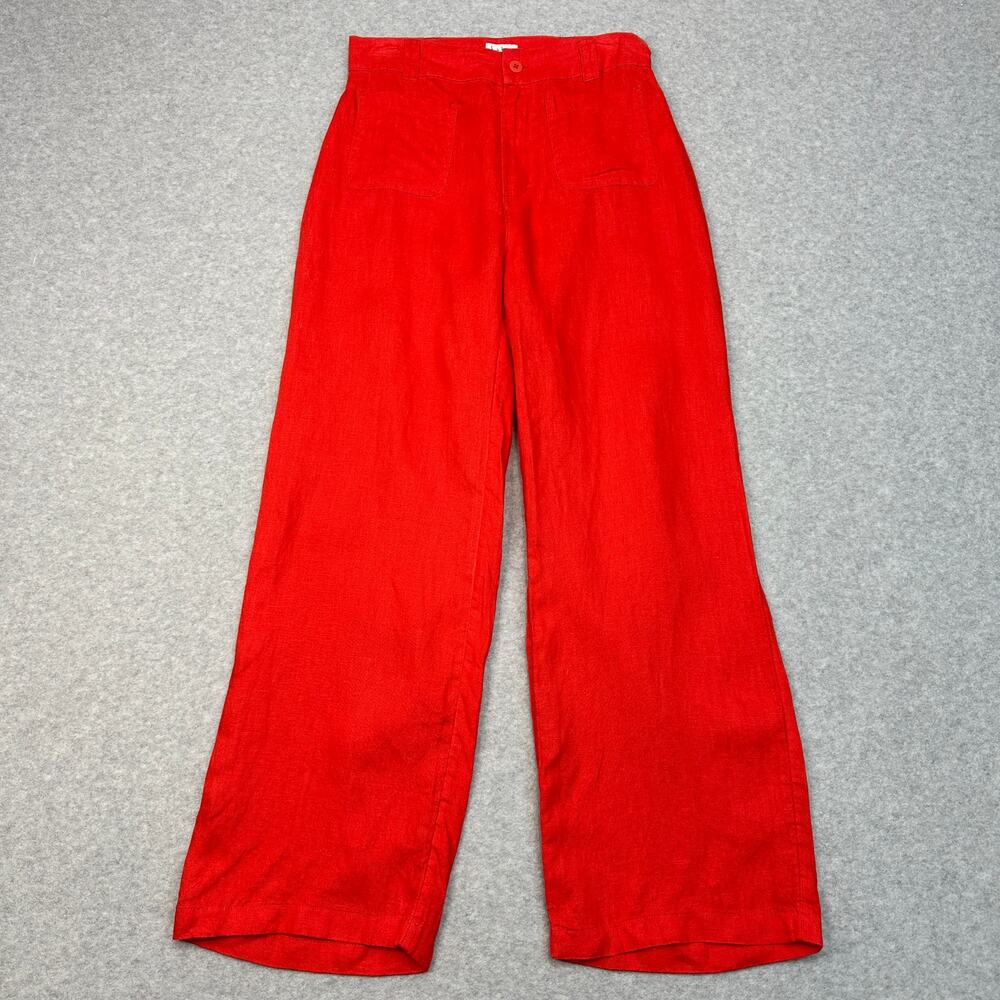 Nicole Miller Linen Wide Leg Pants WMNS 6 Red High Rise Button Zip Patch Pockets